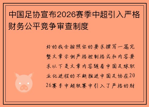 中国足协宣布2026赛季中超引入严格财务公平竞争审查制度